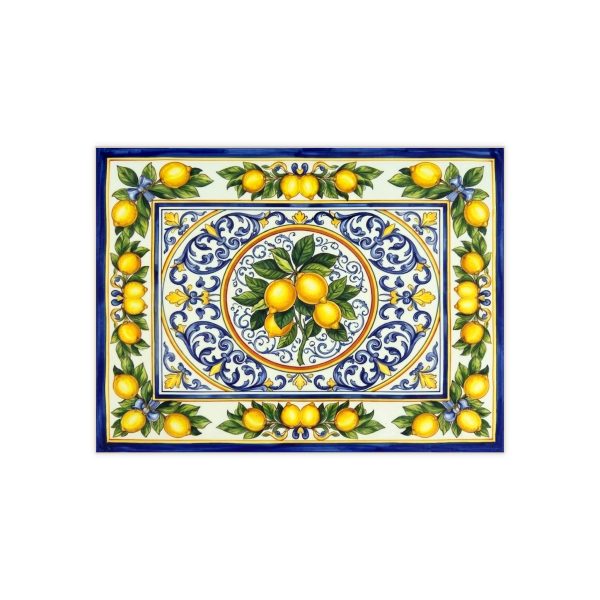 Lemon Medallion Ceramic Tile | Italian Citrus Pattern, Blue Scrollwork