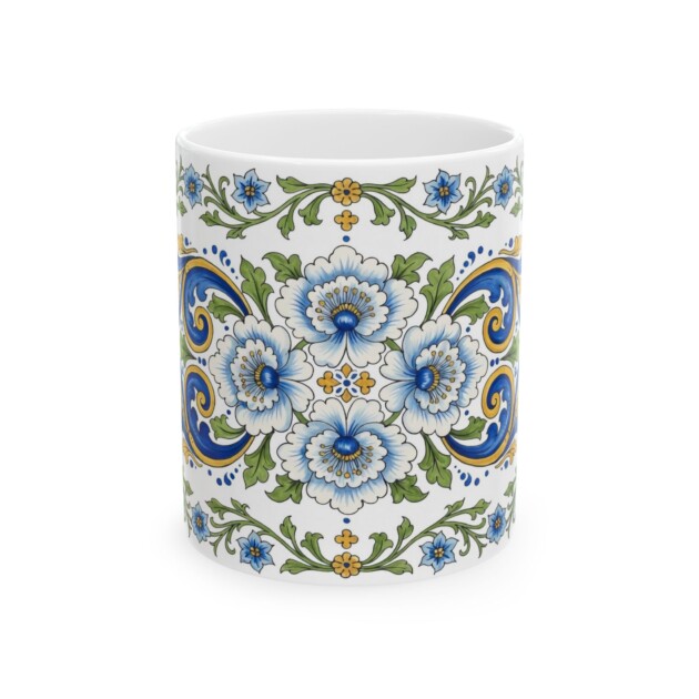 Italian Majolica Style Floral Ceramic Mug | Mediterranean Decorative Pattern