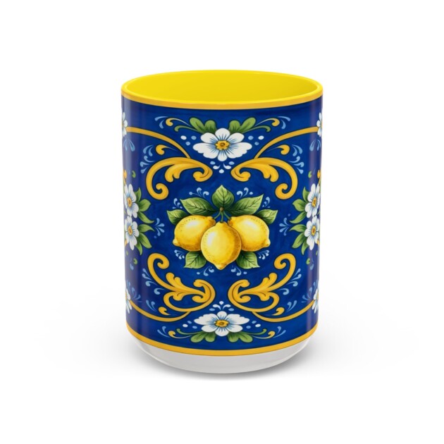 Amalfi Coast Blue Yellow Floral Accent Coffee Mug 15oz