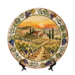 Tuscan Countryside Inspired By Italy Decorative Plate Vineyard Sunset Scene and Grape Vine Border