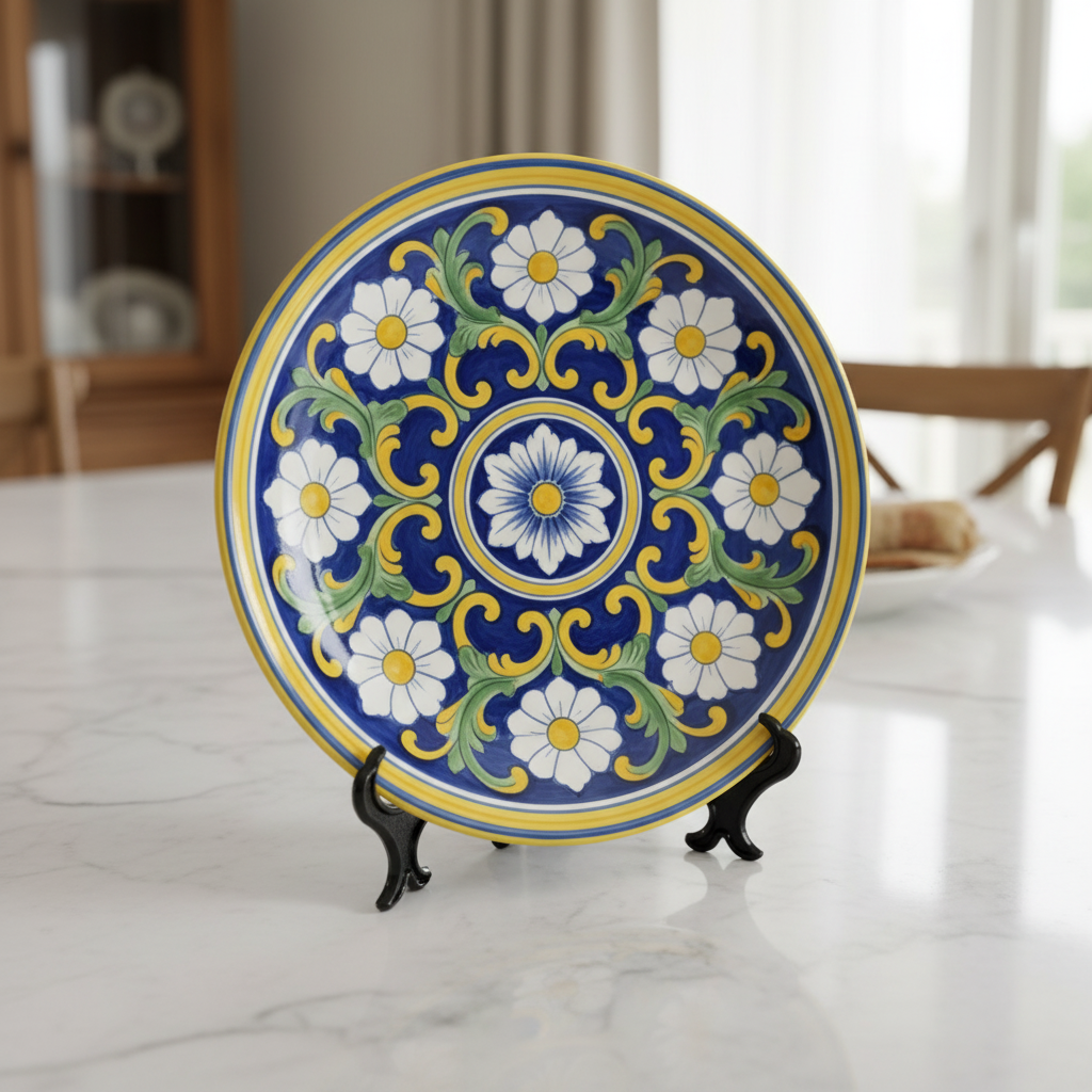 Italian Style Inspired Blue and Yellow Daisy Pattern Decorative Wall Art Plate - Image 5