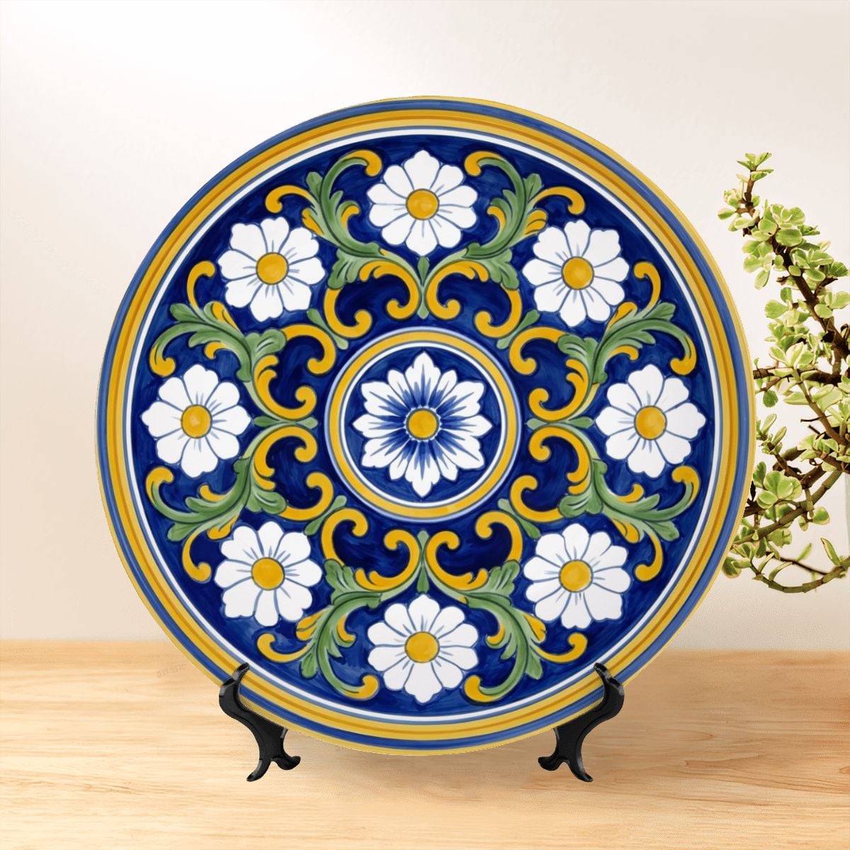 Italian Style Inspired Blue and Yellow Daisy Pattern Decorative Wall Art Plate - Image 3