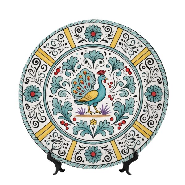 Northern Italy Inspired Art Decorative Plate with Peacock and Florals, with Stand