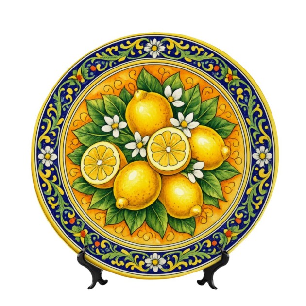 Mediterranean Inspired Citrus Plate, Sicilian Lemon Art, Decorative Ceramic Dish including Stand