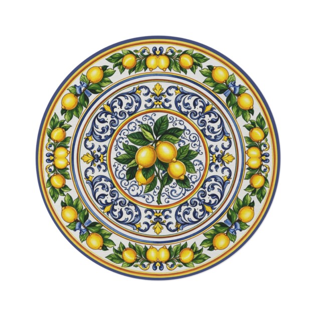 Inspired by Positano, Round Mediterranean Rug with Vibrant Lemon Medallion