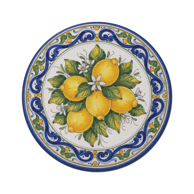 Lemon Bloom Coastal Villa Round Rug | Mediterranean Citrus Floral Area Rug