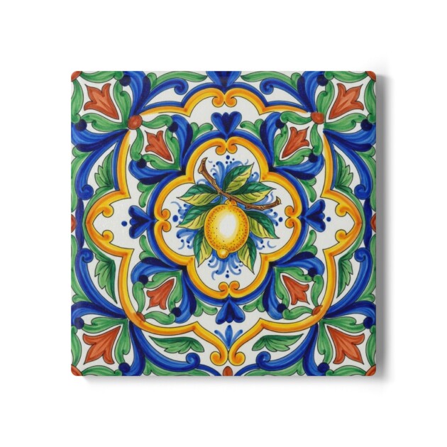 Mediterranean Lemon Tile Ceramic 4" Coaster | Handpainted Style Cork Back