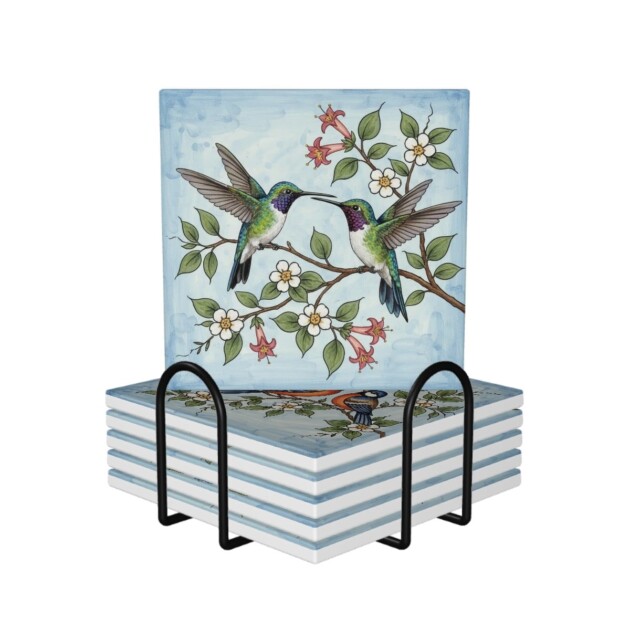 Colorful Birds Coasters Set of 6 Square Ceramic Tiles Inspired by Italian Garden Birds Decor