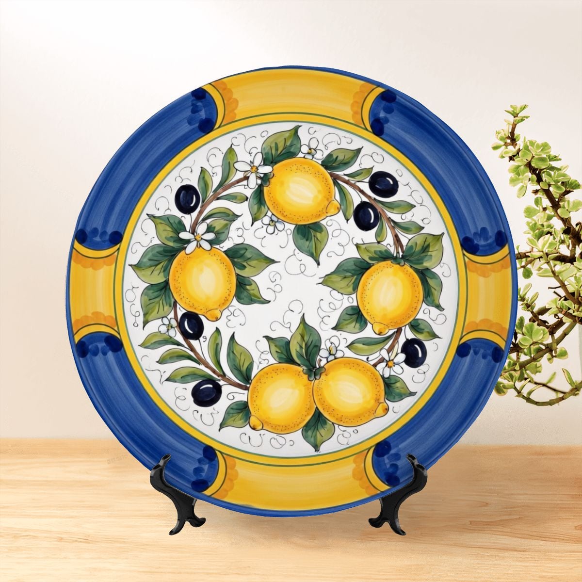 Ceramic Decorative Plate Inspired by Sicilian Lemons and Olives Mediterranean Style Decor with Stand - Image 9