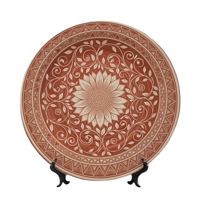 Intricate Vine and Bloom Ceramic Art Inspired by Italian Sgraffito Style Technique Including Stand
