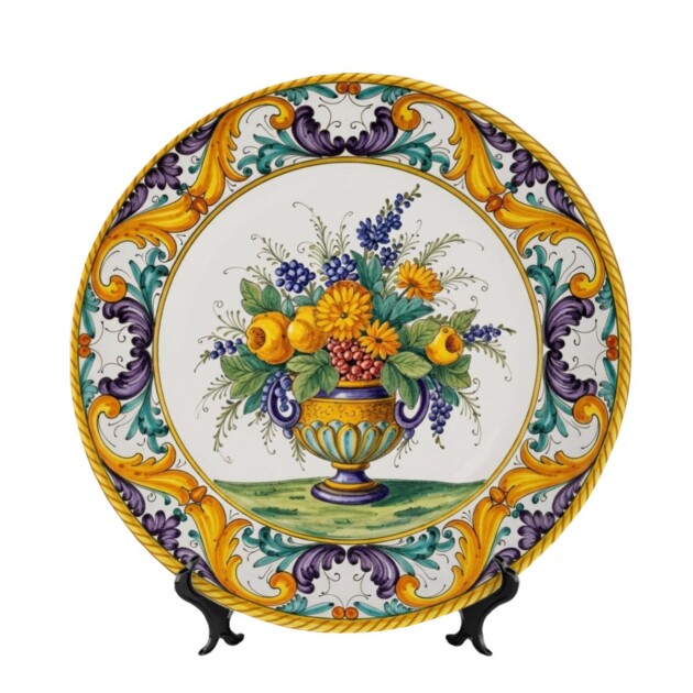 Tuscan Blue and Yellow Flourish Wall Art Plate Raffaellesco Style Including Stand