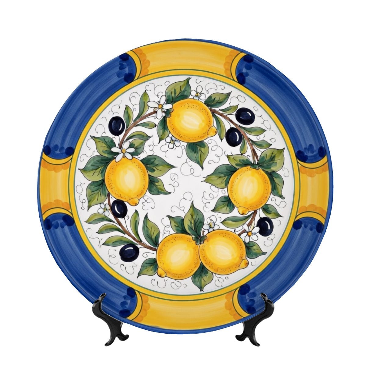 Ceramic Decorative Plate Inspired by Sicilian Lemons and Olives Mediterranean Style Decor with Stand