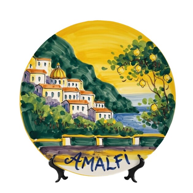 Italian Landscape Decorative Plate Inspired by Amalfi Coast Coastal Town Scenery Including Stand