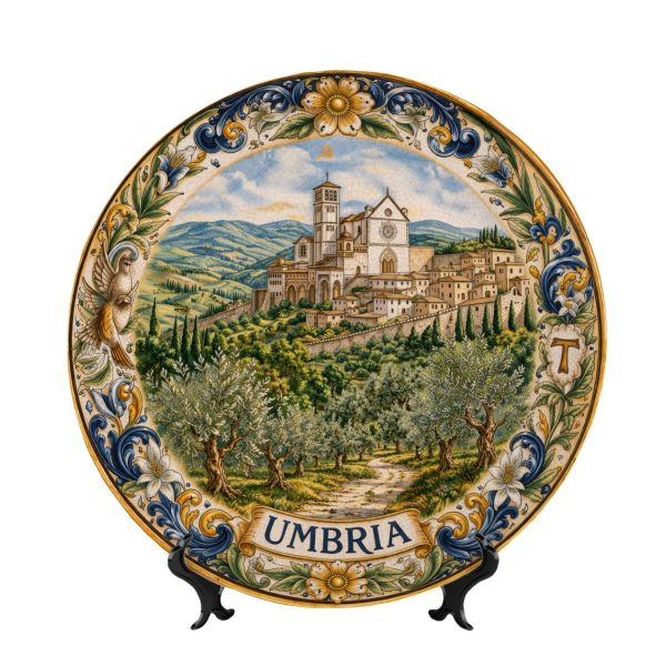 Italian-Inspired Umbria Art Ceramic Wall Platter - Hill Town Landscape - Assisi, Italy