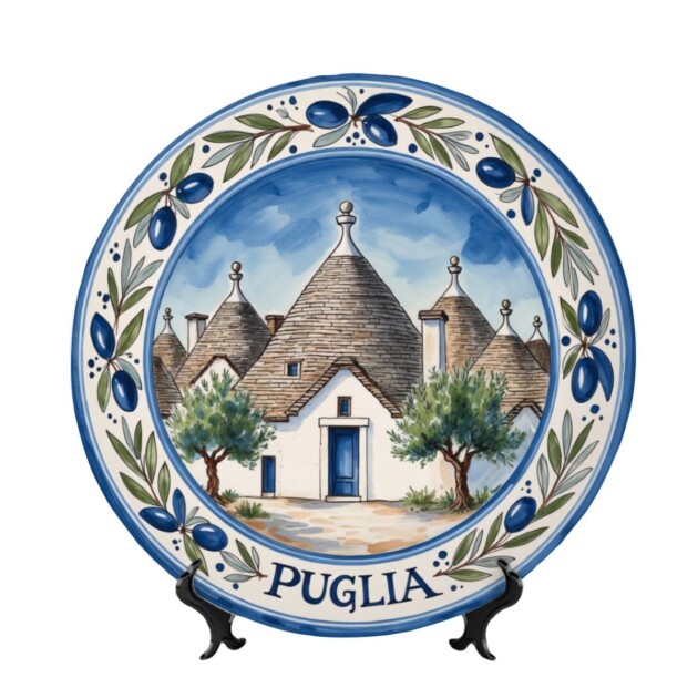 Puglia Inspired Decorative Plate with Stand, Trulli House Art, Mediterranean Ceramic Style Decor