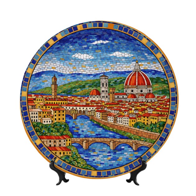 Firenze-Inspired Panoramic City Mosaic Ceramic Plate for Home Decor (Including Stand)
