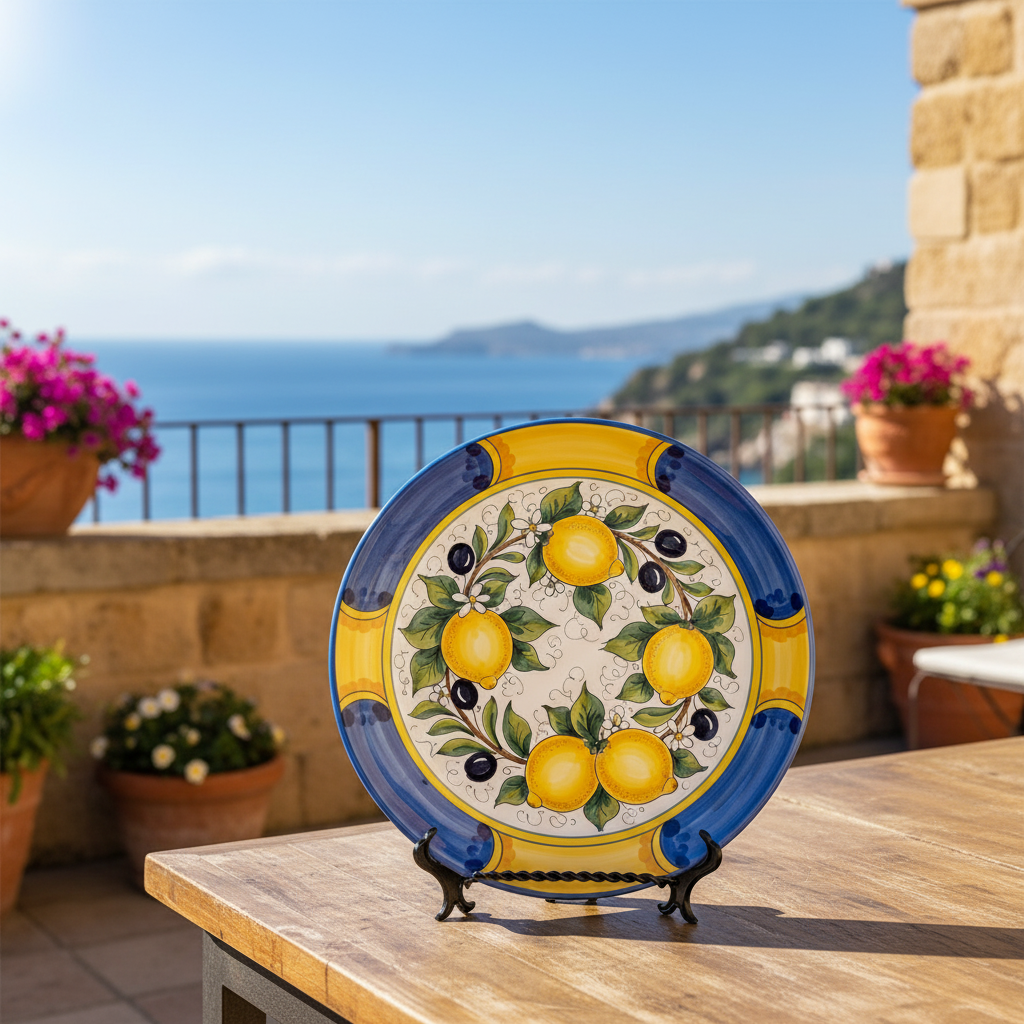 Ceramic Decorative Plate Inspired by Sicilian Lemons and Olives Mediterranean Style Decor with Stand - Image 8