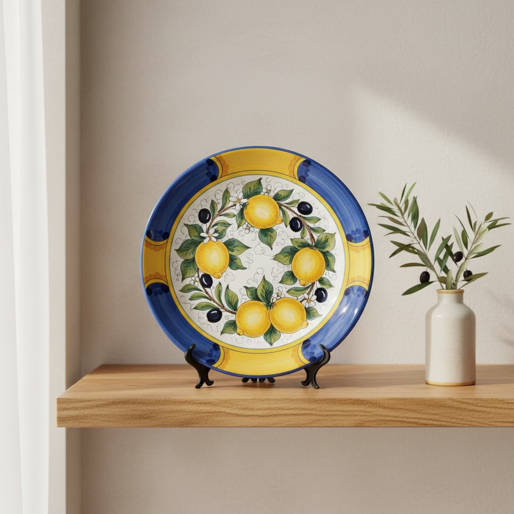 Ceramic Decorative Plate Inspired by Sicilian Lemons and Olives Mediterranean Style Decor with Stand - Image 6
