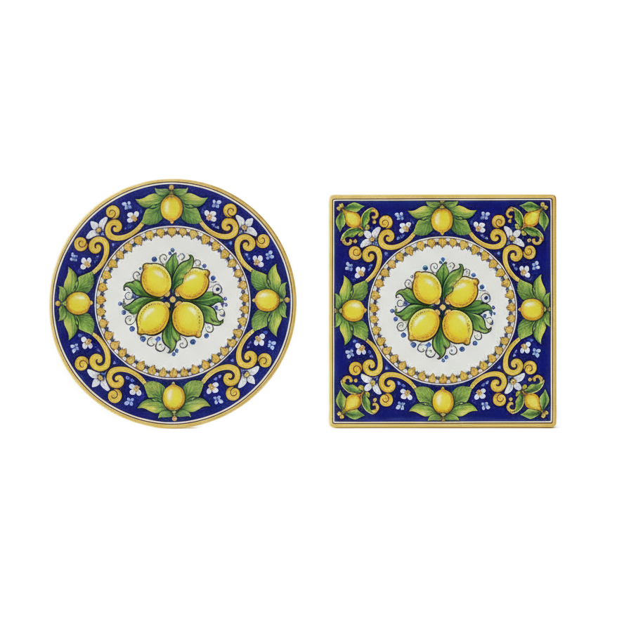 Lemon Tile Pattern Ceramic Coaster | Mediterranean Citrus Design