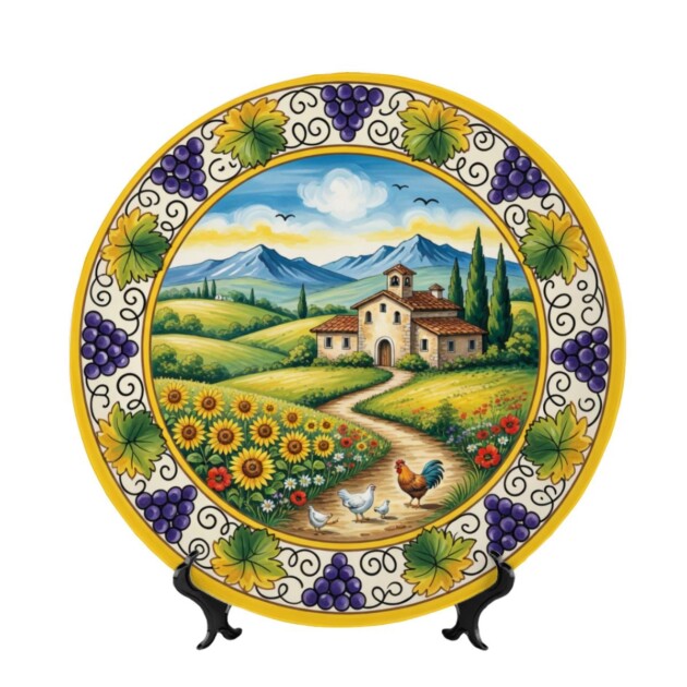 Tuscan Inspired Decorative Plate with Stand, Italian Farmhouse Art, Sunflowers and Vineyard Decor
