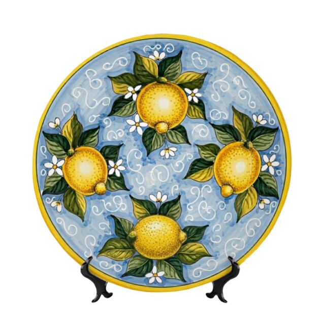 Italian Style Ceramic Display Plate, Positano Inspired Lemon Motif with Stand