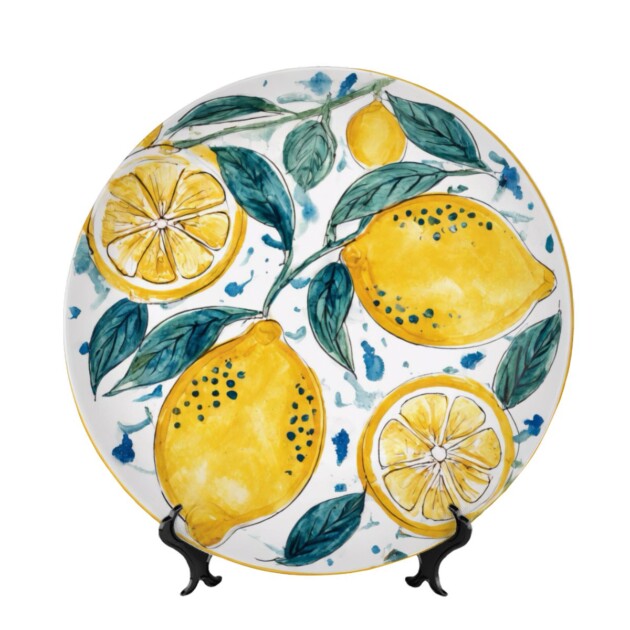 Ceramic Kitchen Display Plate: Lemon Fruit & Splatter Art Pattern (With Stand)