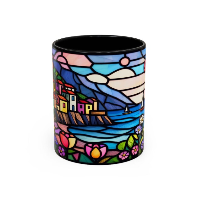 Italian Riviera Stained Glass Effect Mug – Coastal Scene Ceramic Coffee Cup (11oz 15oz)