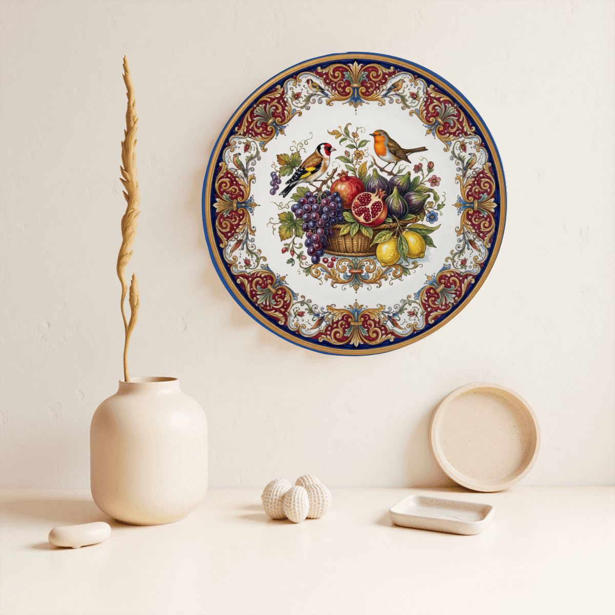 Renaissance Fruit and Birds Display Plate, Inspired by Italian Majolica Style Wall Art - Image 2