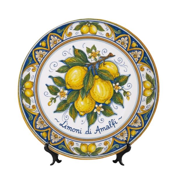 Amalfi Inspired Ceramic Display Plate, Classic Italian Blue Scroll and Yellow Citrus Wall Decor