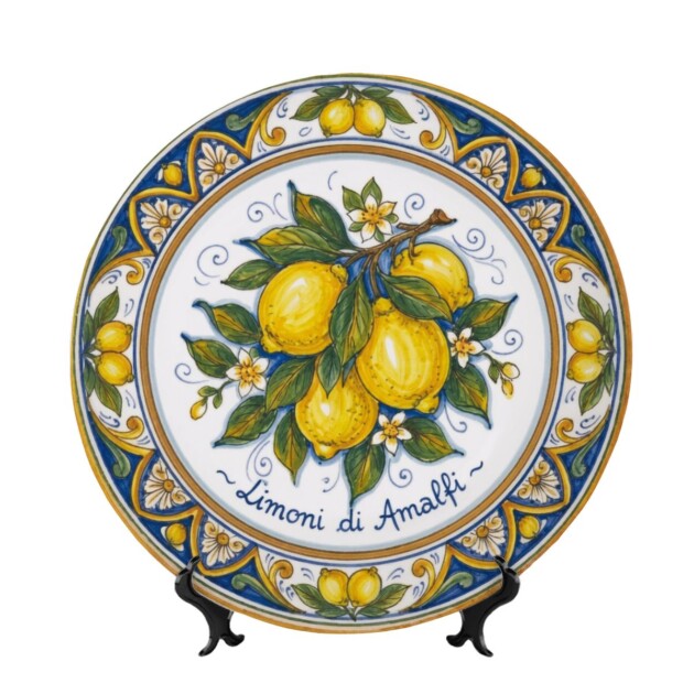 Amalfi Inspired Ceramic Display Plate, Classic Italian Blue Scroll and Yellow Citrus Wall Decor