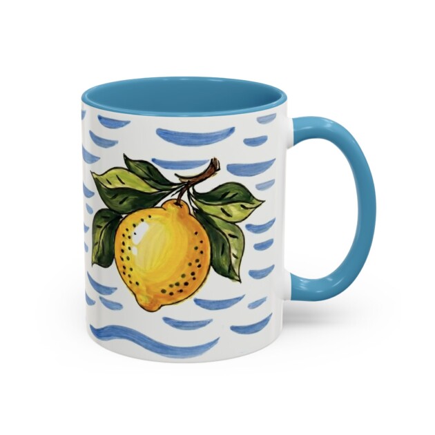 Positano Inspired Lemon Coffee Mug, Blue and White Ceramic Tea Cup, Cute Citrus Kitchen Gift