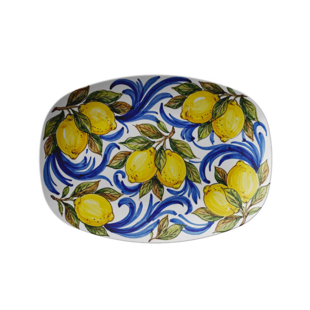 Sicily Inspired Yellow Lemon Display Plate - Artistic Blue Scroll Serving Platter