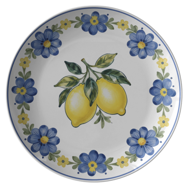 Durable Polymer Dinner Plate with Amalfi Lemon Design, Blue & Yellow Floral Border, Inspired by Ital