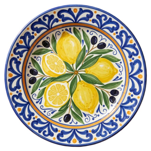 Sicily Inspired Yellow Lemon and Black Olive Porcelain Dinner Plates Set of 4