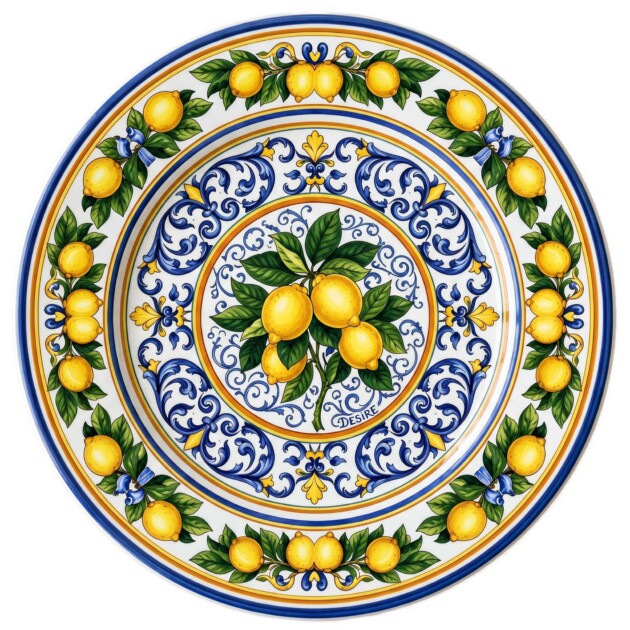 Italian Inspired Lemon Orchard Mediterranean Majolica Style Porcelain Dinner Plates Set of 4
