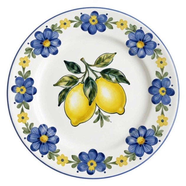 Italian Inspired Lemon & Blue Floral Mediterranean Porcelain Dinner Plates Set of 4