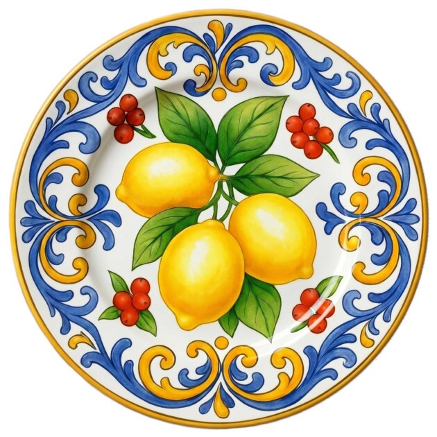 Sorrento Inspired Yellow Lemons and Blue Filigree Porcelain Dinner Plates Set of 4