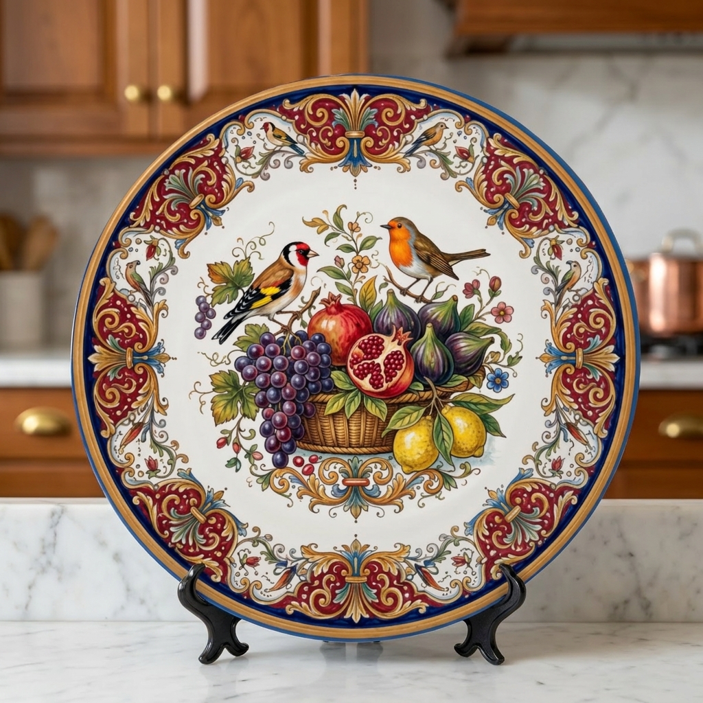 Renaissance Fruit and Birds Display Plate, Inspired by Italian Majolica Style Wall Art - Image 5