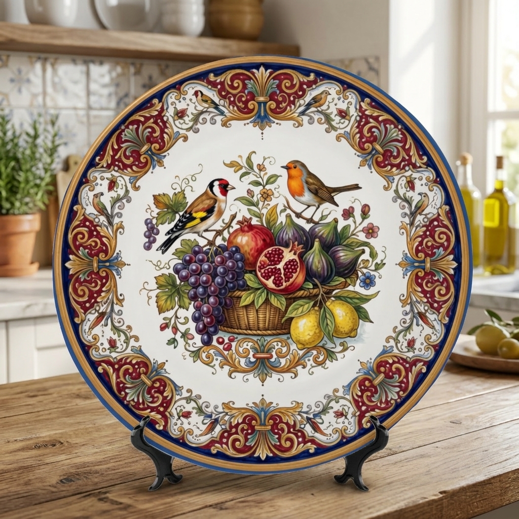 Renaissance Fruit and Birds Display Plate, Inspired by Italian Majolica Style Wall Art - Image 7