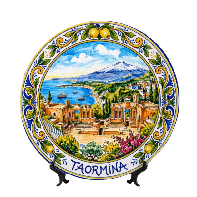 Mediterranean Lemon Border Display Plate Inspired By Taormina Sicily Coastline and Mount Etna Views