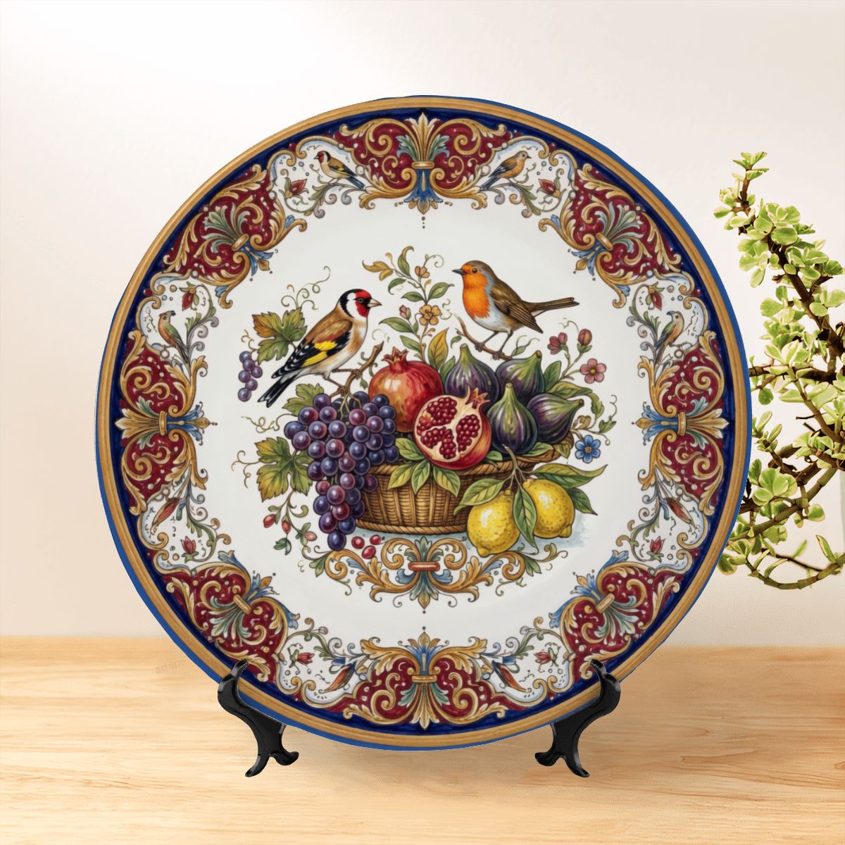 Renaissance Fruit and Birds Display Plate, Inspired by Italian Majolica Style Wall Art - Image 3