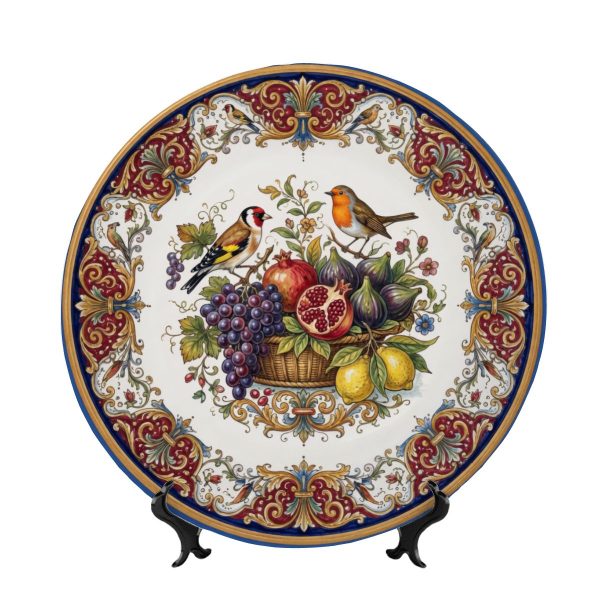 Renaissance Fruit and Birds Display Plate, Inspired by Italian Majolica Style Wall Art