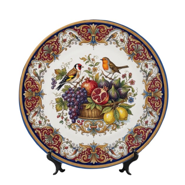 Renaissance Fruit and Birds Display Plate, Inspired by Italian Majolica Style Wall Art