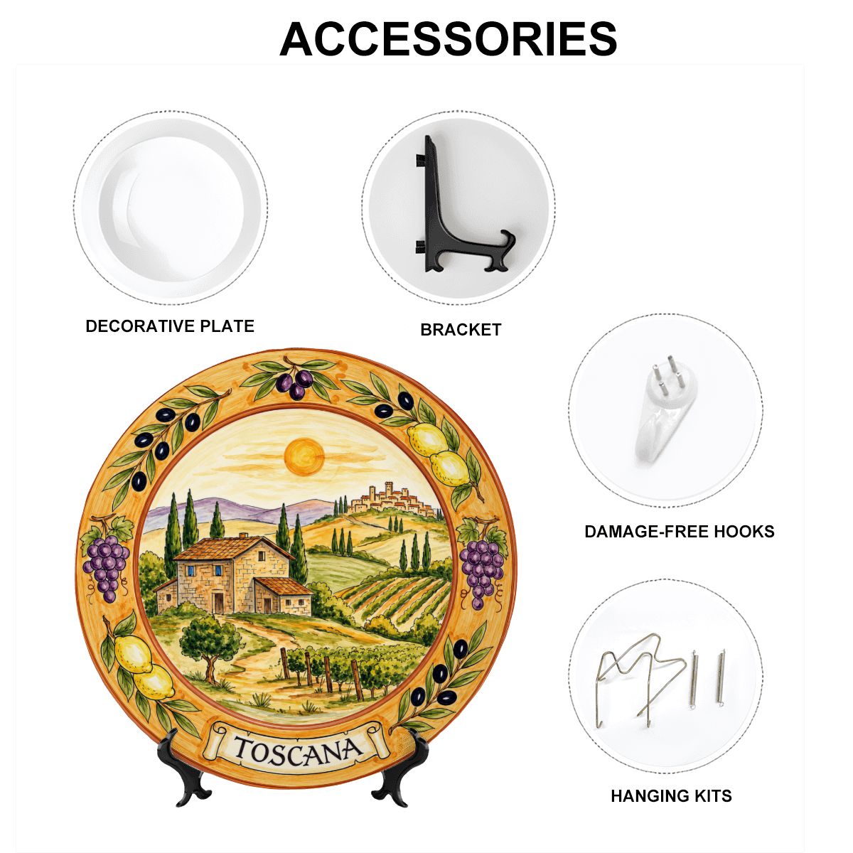 Tuscany Vineyard Landscape Decorative Ceramic Display Plate Lemon Grape Olive Motif Decor - Image 12