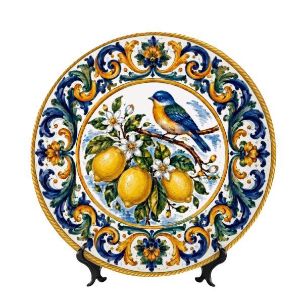 Decorative Display Plate Inspired By Italian Majolica Bluebird And Yellow Lemons Floral Border