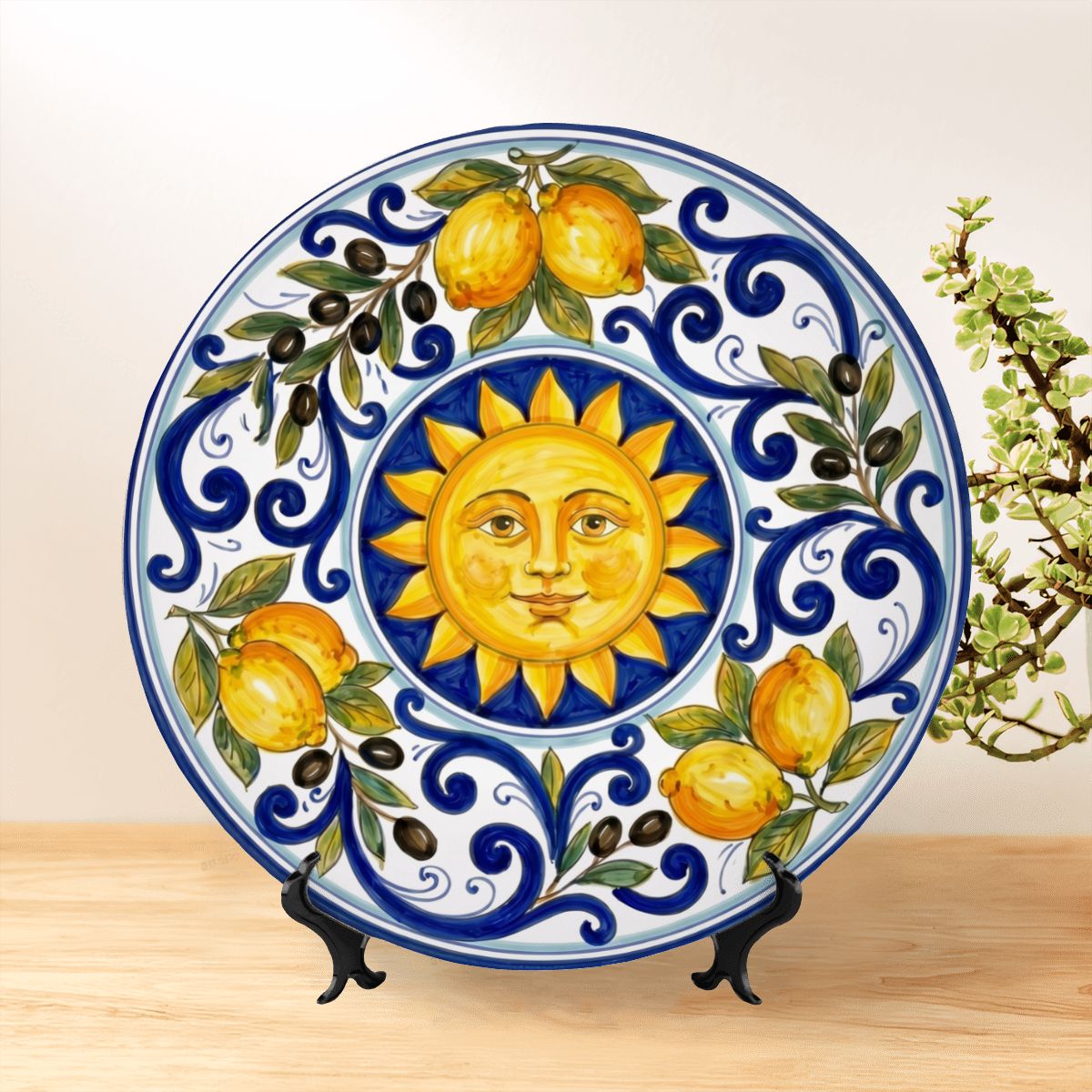 Mediterranean Sun Display Plate Inspired by Sicilian Citrus Groves and Traditional Blue Patterns Art - Image 2