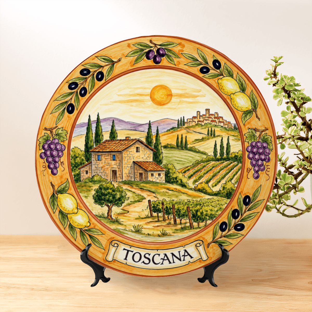 Tuscany Vineyard Landscape Decorative Ceramic Display Plate Lemon Grape Olive Motif Decor - Image 3