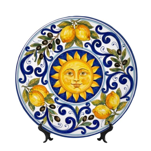 Mediterranean Sun Display Plate Inspired by Sicilian Citrus Groves and Traditional Blue Patterns Art