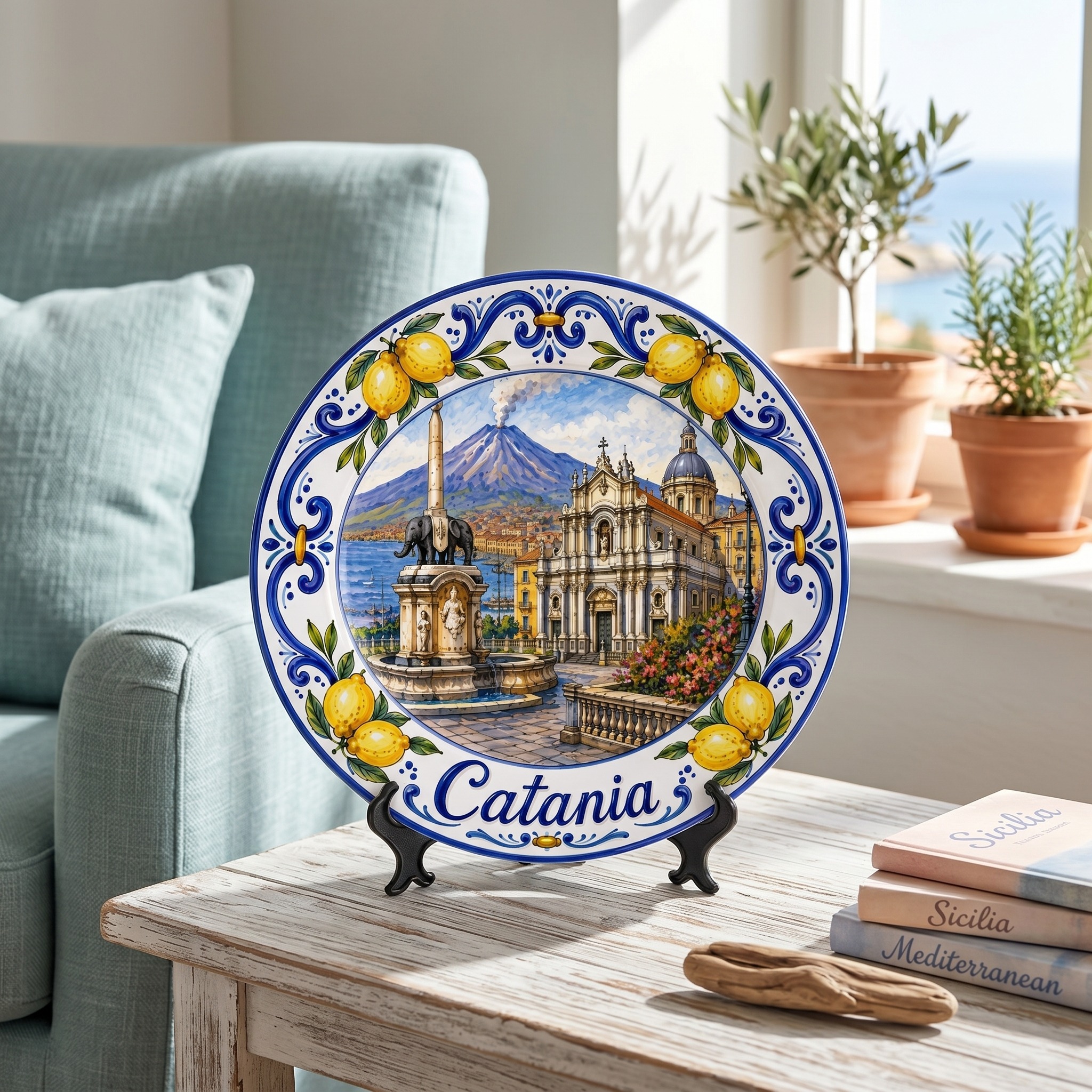 Catania Sicilia Italy Display Plate | Mediterranean Lemon Border Souvenir Decor - Image 9