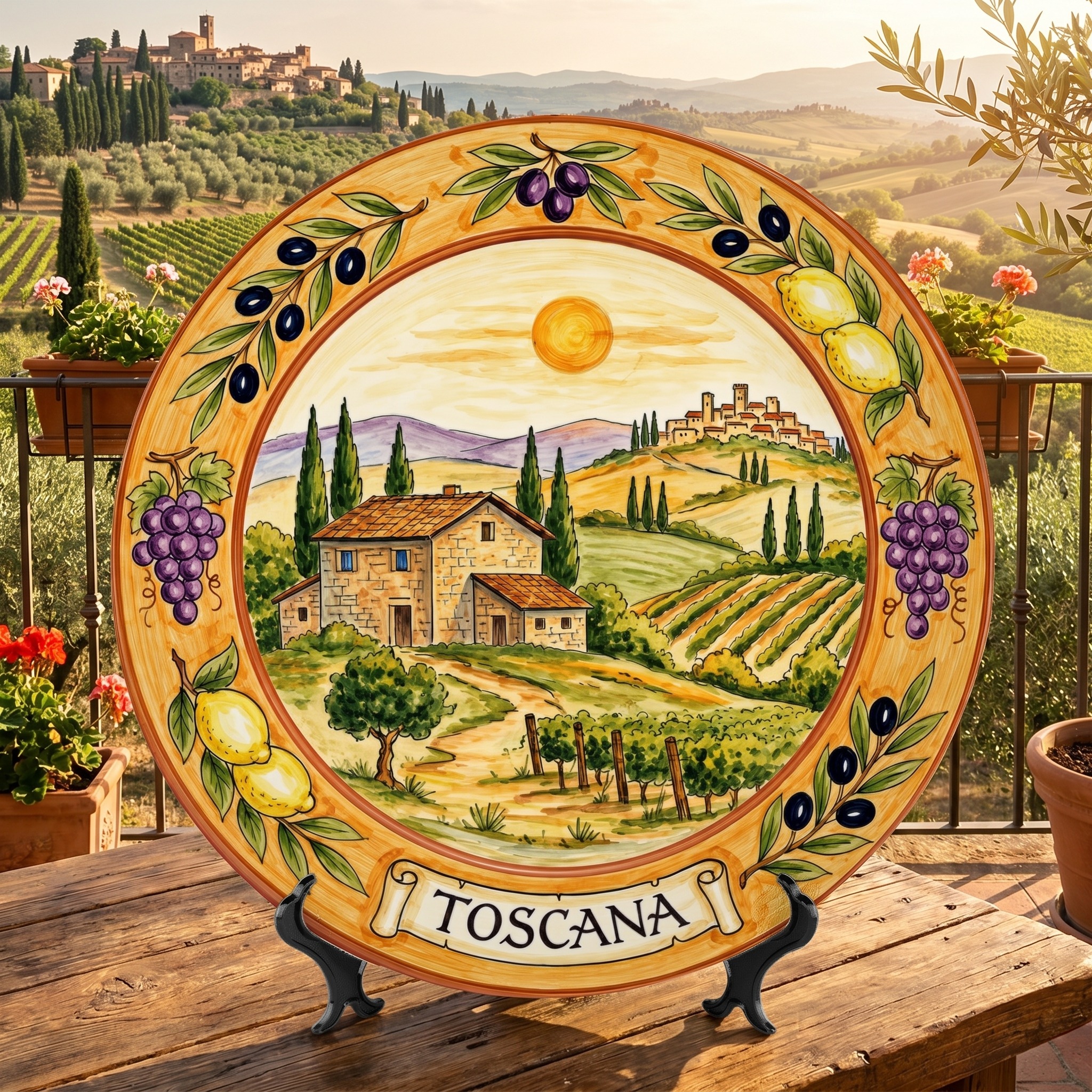 Tuscany Vineyard Landscape Decorative Ceramic Display Plate Lemon Grape Olive Motif Decor - Image 4